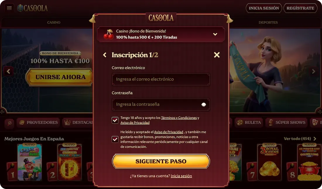 registro en el casino casoola